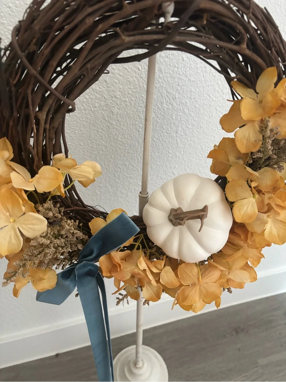 Autumn Hydrangeas Fall Harvest Wreath Pumpkin w/Blue Med Sized Custom Final Sale